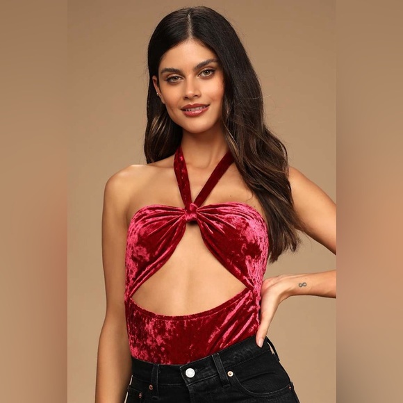 Lulus Tops - NWT Lulu's Red Velvet Halter Bodysuit | MEDIUM